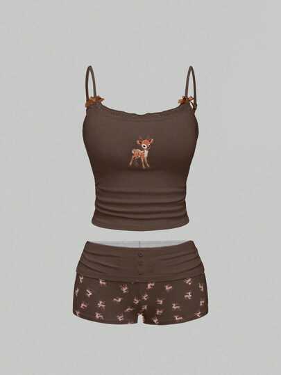 ROMWE J-Fashion Spring/Summer Valentine's Day Women Cute Deer Embroidery Lace Camisole Top With Shorts Casual Suit