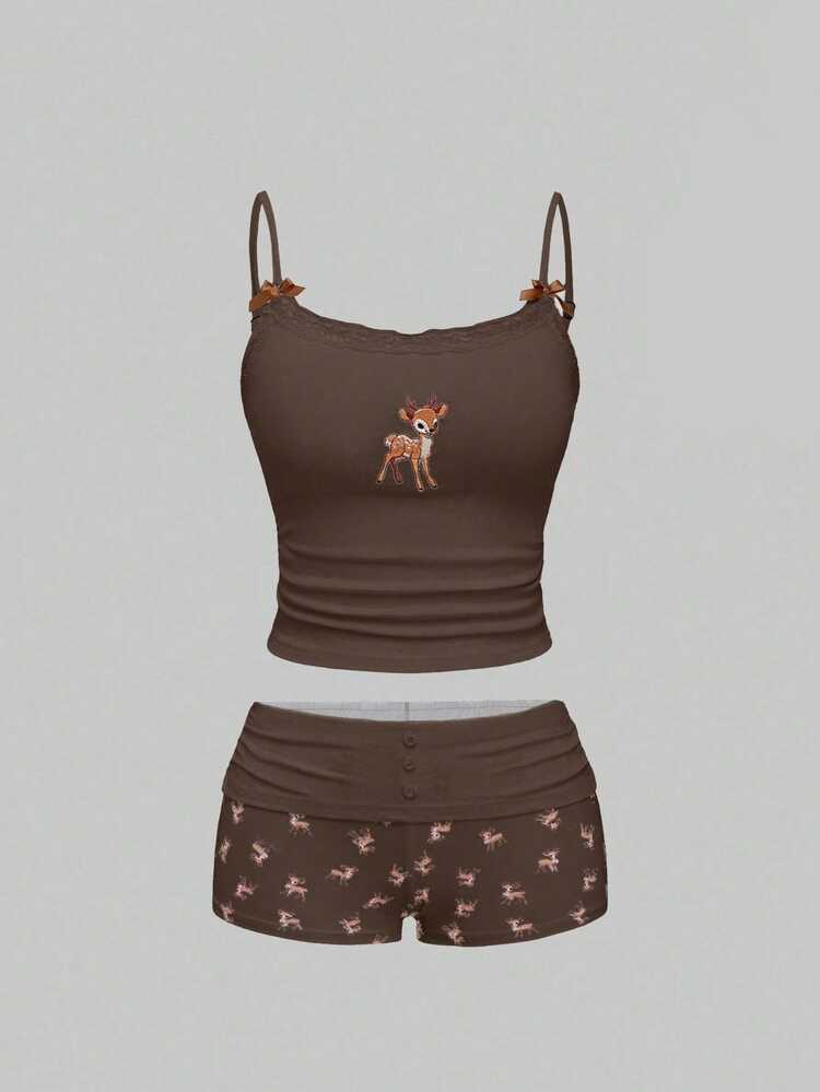 ROMWE J-Fashion Spring/Summer Valentine's Day Women Cute Deer Embroidery Lace Camisole Top With Shorts Casual Suit - Coffee Brown - View 7