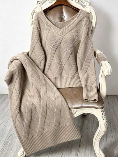 Linhara CURVE Damen Große Größen Herbst/Winter Mode Lässig Einfarbig Zopfstrick Set, V-Ausschnitt Lockerer Pullover und Hochbund Drapierter Strickrock, Lockerer Schlankmachender Pullover Set, Geeignet für Täglichen Arbeitsweg, Ausflüge und andere Anlässe