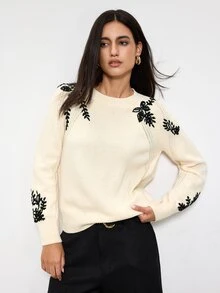 Maija Women's Floral Embroidered Round Neck Raglan Sleeve Casual Loose Sweater - Beige - View 6