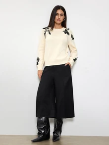 Maija Women's Floral Embroidered Round Neck Raglan Sleeve Casual Loose Sweater - Beige - View 2