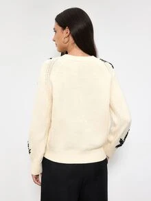 Maija Women's Floral Embroidered Round Neck Raglan Sleeve Casual Loose Sweater - Beige - View 4