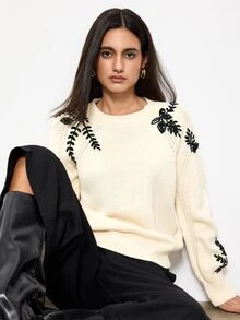 Maija Women's Floral Embroidered Round Neck Raglan Sleeve Casual Loose Sweater - Beige - View 3