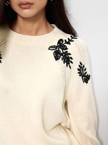 Maija Women's Floral Embroidered Round Neck Raglan Sleeve Casual Loose Sweater - Beige - View 5