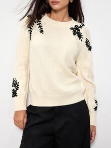 Maija Women's Floral Embroidered Round Neck Raglan Sleeve Casual Loose Sweater - Beige - View 1
