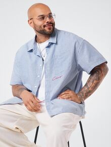 EASEVO Plus Size Men's Loose Casual Light Blue & White Vertical Striped Short Sleeve Button-Down Shirt, Vacation, Father's Day Gifts - Blue - View 6