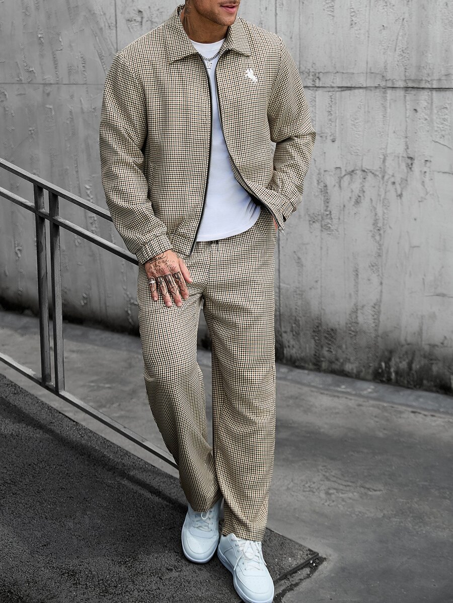Manfinity CasualCool Men's Plaid Embroidered Zip-Up Jacket And Pocket Pants Set - Multicolor - View 1