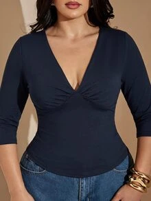SHEIN BAE CURVE Plus Size Women's Solid Color Deep V-Neck Short Sleeve Fitted T-Shirt - Navy Blue - View 3