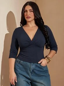 SHEIN BAE CURVE Plus Size Women's Solid Color Deep V-Neck Short Sleeve Fitted T-Shirt - Navy Blue - View 6
