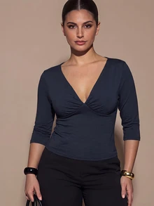 SHEIN BAE CURVE Plus Size Women's Solid Color Deep V-Neck Short Sleeve Fitted T-Shirt - Navy Blue - View 2