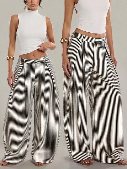 SHEIN Tall بنطلون أزرق وأبيض مخطط واسع الساق للنساء الطويلات – أنيق وكاجوال ومناسب للعمل والإجازة والاستخدام اليومي. خريف