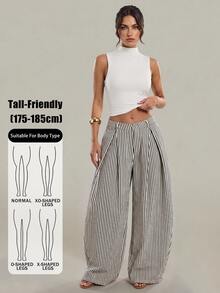 SHEIN Tall 藍白條紋寬腿長褲，適合高個女性，時尚休閒，適用於工作、度假與日常，秋季款 - 深灰色 - 查看 3