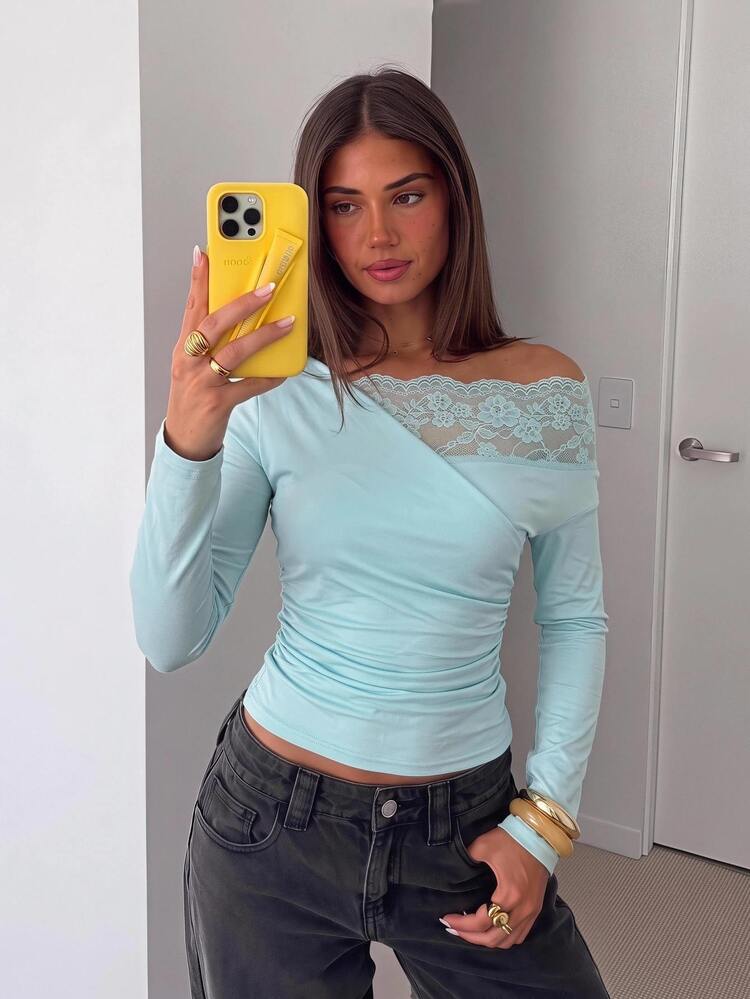 Siren Gaze Kaos Lengan Panjang Wanita Model Cold Shoulder Terbaru untuk Musim Gugur - Mint Green - View 8