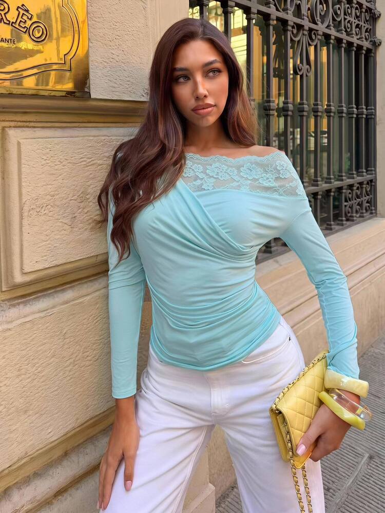 Siren Gaze Kaos Lengan Panjang Wanita Model Cold Shoulder Terbaru untuk Musim Gugur - Mint Green - View 1