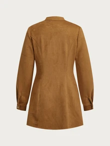SHEIN Women's Solid Color Long Sleeve Zipper Front Napoleon Dress - Khaki - View 9