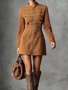 SHEIN Women's Solid Color Long Sleeve Zipper Front Napoleon Dress - Khaki - View 1