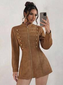 SHEIN Women's Solid Color Long Sleeve Zipper Front Napoleon Dress - Khaki - View 2