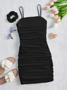 SHEIN Teen Girls  Summer Ruched Cami Dress With Hairband,Summer Dress Graduation Dress - Black - View 7