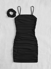 SHEIN Teen Girls  Summer Ruched Cami Dress With Hairband,Summer Dress Graduation Dress - Black - View 2