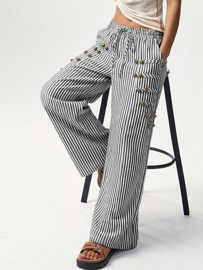 Bohemela Women's Black And White Striped Button Decor Long Pants Vacation Autumn Casual 70s 70's Inspired