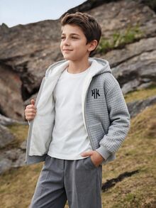 SHEIN 兒童青少年男孩連帽休閒運動格紋紋理保暖內裡拉鍊外套大衣，適合通勤、上學、日常休閒、度假旅行、運動，秋冬穿著 - 灰色 - 查看 4