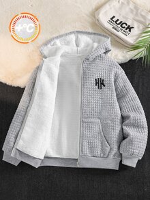 SHEIN 兒童青少年男孩連帽休閒運動格紋紋理保暖內裡拉鍊外套大衣，適合通勤、上學、日常休閒、度假旅行、運動，秋冬穿著 - 灰色 - 查看 5