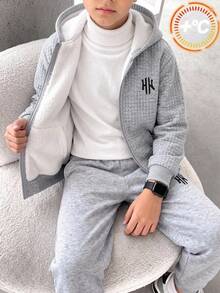 SHEIN 兒童青少年男孩連帽休閒運動格紋紋理保暖內裡拉鍊外套大衣，適合通勤、上學、日常休閒、度假旅行、運動，秋冬穿著 - 灰色 - 查看 6