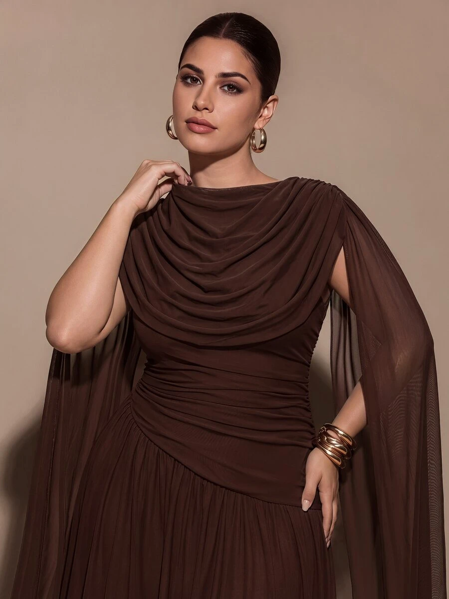 SHEIN BAE CURVE Elegant Brown Plus-Size Long Gown Suitable For Special Occasions Featuring A Draped Design And Long Cape Sleeves Summer Style Formal Cocktail Party