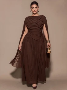 SHEIN BAE CURVE Gaun panjang elegan berwarna cokelat ukuran besar, cocok untuk acara spesial, menampilkan desain berlipit dan lengan jubah panjang. Gaya Musim Panas/ Formal; Koktail Formal - Coffee Brown - View 12