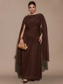 SHEIN BAE CURVE Gaun panjang elegan berwarna cokelat ukuran besar, cocok untuk acara spesial, menampilkan desain berlipit dan lengan jubah panjang. Gaya Musim Panas/ Formal; Koktail Formal - Coffee Brown - View 5