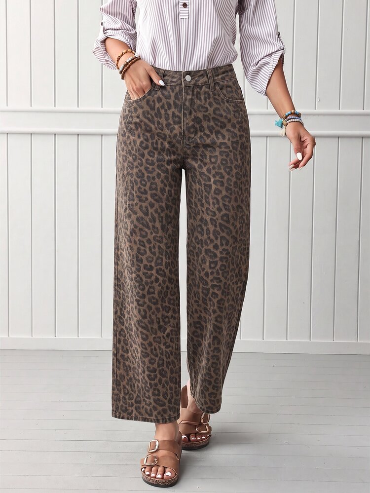 EMERY ROSE Women's Fashion Leopard Print Button Denim Jeans - Multicolor - View 1