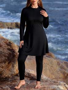 SHEIN Swim 大尺碼女款純色海灘派對度假長袖長褲休閒貼身保守性感街頭風布基尼套裝 黑色 夏季 - 黑色 - 查看 3