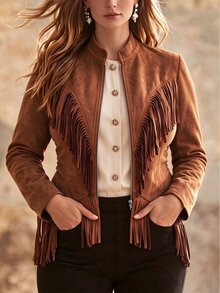 Linhara CURVE Plus Size Western Style Faux Suede Jacket With Tassels, Stand Collar Zipper Long Sleeve Tassel Decor Outerwear, Vintage Plus Size Jacket Winter - Brown - View 3