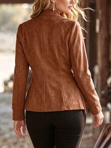 Linhara CURVE Plus Size Western Style Faux Suede Jacket With Tassels, Stand Collar Zipper Long Sleeve Tassel Decor Outerwear, Vintage Plus Size Jacket Winter - Brown - View 2