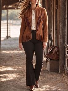 Linhara CURVE Plus Size Western Style Faux Suede Jacket With Tassels, Stand Collar Zipper Long Sleeve Tassel Decor Outerwear, Vintage Plus Size Jacket Winter - Brown - View 5