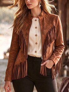Linhara CURVE Plus Size Western Style Faux Suede Jacket With Tassels, Stand Collar Zipper Long Sleeve Tassel Decor Outerwear, Vintage Plus Size Jacket Winter - Brown - View 4