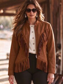 Linhara CURVE Plus Size Western Style Faux Suede Jacket With Tassels, Stand Collar Zipper Long Sleeve Tassel Decor Outerwear, Vintage Plus Size Jacket Winter - Brown - View 1