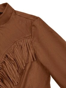 Linhara CURVE Plus Size Western Style Faux Suede Jacket With Tassels, Stand Collar Zipper Long Sleeve Tassel Decor Outerwear, Vintage Plus Size Jacket Winter - Brown - View 8