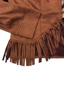 Linhara CURVE Plus Size Western Style Faux Suede Jacket With Tassels, Stand Collar Zipper Long Sleeve Tassel Decor Outerwear, Vintage Plus Size Jacket Winter - Brown - View 7