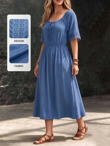 Linhara Plus Size Casual Vacation Style Lace Trim Placket Short Sleeve Lace Dress - Blue - View 1