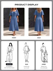 Linhara Plus Size Casual Vacation Style Lace Trim Placket Short Sleeve Lace Dress - Blue - View 3