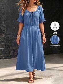 Linhara Plus Size Casual Vacation Style Lace Trim Placket Short Sleeve Lace Dress - Blue - View 8
