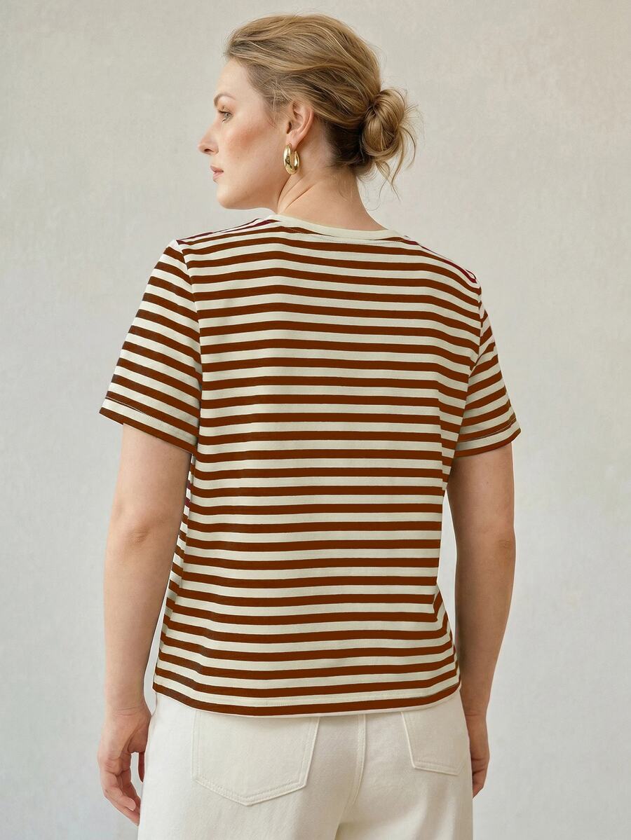 MOTF PREMIUM CLASSIC STRIPED ROUND NECK SHORT SLEEVE T-SHIRT WOMEN SPRING SUMMER NEW LOOSE COLORBLOCK PLUS SIZE TOP - Coffee Brown - View 2