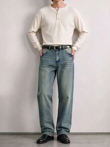 QuarKem Men's Vintage Washed Loose Wide Leg Denim Jeans, Casual Non-Stretch Faded Effect Denim Pants - Blue - View 4