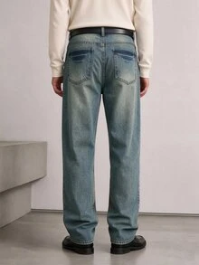 QuarKem Men's Vintage Washed Loose Wide Leg Denim Jeans, Casual Non-Stretch Faded Effect Denim Pants - Blue - View 2