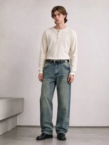 QuarKem Men's Vintage Washed Loose Wide Leg Denim Jeans, Casual Non-Stretch Faded Effect Denim Pants - Blue - View 6