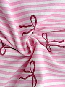 SHEIN Plus Size Pink Cat Print Pajama Set With Striped Bow Pants For Women Night Formal - White - View 7