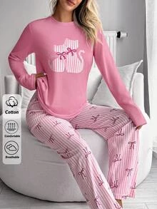SHEIN Plus Size Pink Cat Print Pajama Set With Striped Bow Pants For Women Night Formal - White - View 6