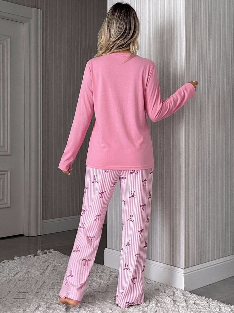 SHEIN Plus Size Pink Cat Print Pajama Set With Striped Bow Pants For Women Night Formal - White - View 2
