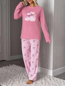 SHEIN Plus Size Pink Cat Print Pajama Set With Striped Bow Pants For Women Night Formal - White - View 4